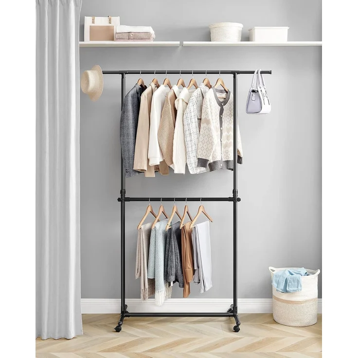 SONGMICS Kleiderständer mit 2 Kleiderstangen, ausziehbare Garderobenstange, mit Rollen, Garderobenständer, höhenverstellbar zwischen 113 und 180 cm, untere Stange verstellbar, schwarz LLR401B01 – Bild 3