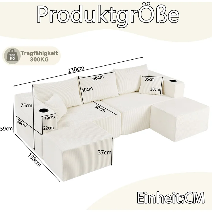 EINHOM 3-Sitzer modulares Ecksofa, komprimiertes L-Form Sofa mit beweglichen Ottomanen, weicher Cordstoff, Getränkehalter, Seitentasche und Kissen, geeignet für Wohnzimmer, Hotels und Mietwohnungen, Beige – Bild 2
