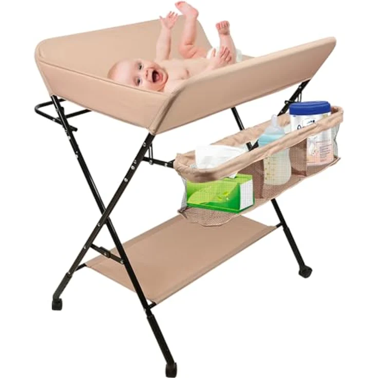 Baby Wickelkombi - klappbare Wickelkommode, mobiler Wickeltisch mit Wickelauflage, Sicherheitsgurt und Ablagefächern, platzsparend & stabil 80 * 66 * 98cm (Hell-Pink) – Bild 1