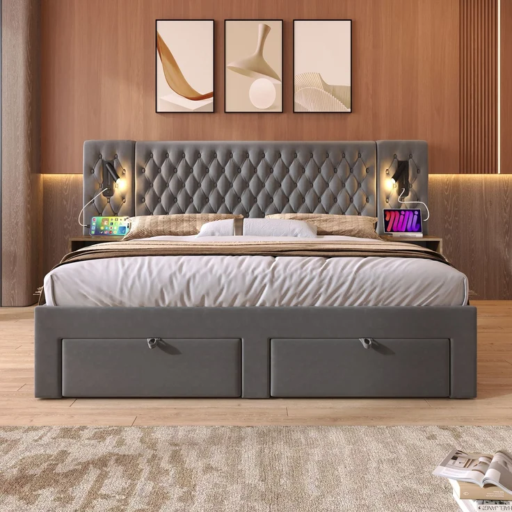 Polsterbett 160x200 cm mit 4 Schubladen, 2 Nachttischen, LED-Leselampen & USB/Type-C Ladeanschluss,Grau – Bild 2