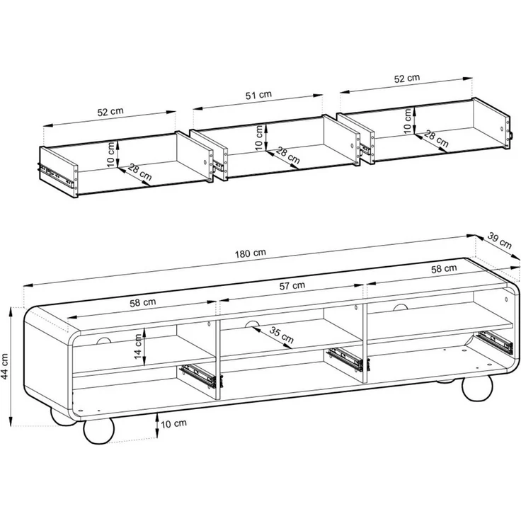 Compleo TV-Schrank 180 cm breit, Japandi design, Lowboard rund form ALDOS Designer-TV-Board mit 3 Schubladen – Bild 3