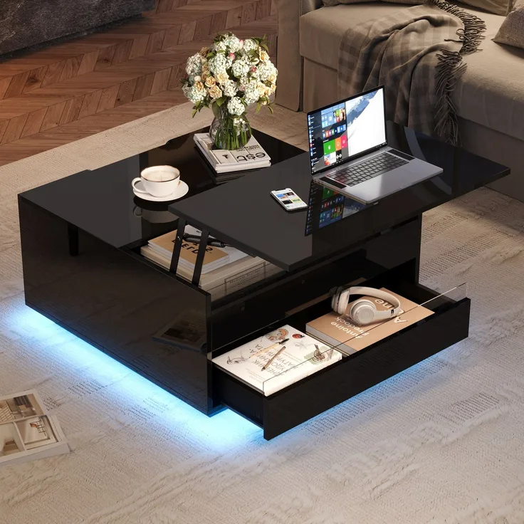 Couchtisch mit Liftfunktion und LED, quadratischer Wohnzimmertisch 70 x 70 x 38 cm, schwarz Hochglanz, Acryl-Perspektivdesign