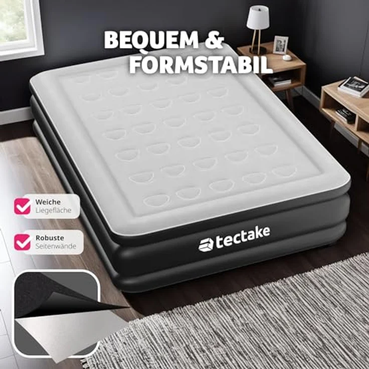 tectake AirDreams Luftbett, selbstaufblasend mit elektrischer Pumpe, Schwarz, Weiß, 200 x 148 x 44 cm, belastbar bis 300 kg – Bild 5