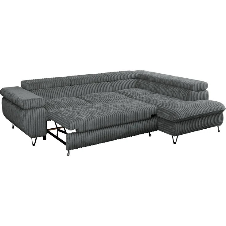 Mks Möbel 'Peter L-form' Ecksofa mit Bettfunktion, Bettkasten & einstellbaren Kopfstützen, Dunkelgrau, Cord, mit Topper, rechts – Bild 6