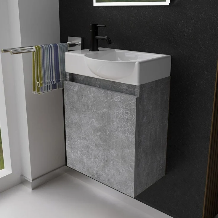 Alpenberger Badmöbel-Set Gäste WC Waschbecken mit Unterschrank - Hängeschrank Vormontiert, (Badezimmerunterschrank mit Waschbecken, Waschtisch Set mit Unterschrank), Waschbeckenunterschrank Betonoptik - Bad Möbel Set – Bild 1