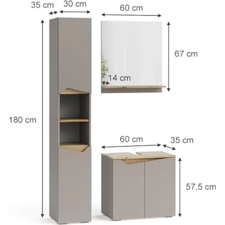Badmöbel-Set Marelle Greige 3 Teile, mit Hochschrank Vicco – Bild 4