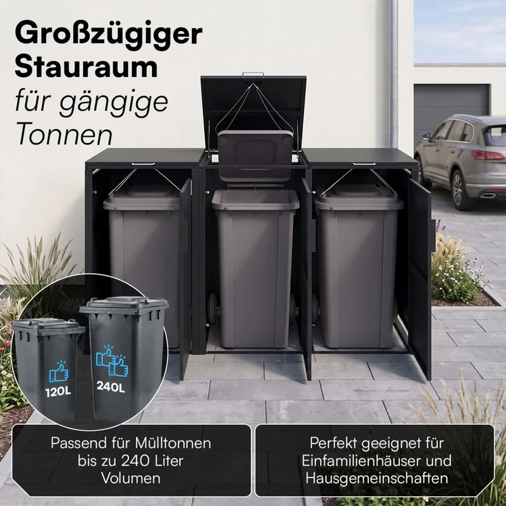 STEELSØN 'Thoria' Mülltonnenbox 3er je 240 Liter, graphitschwarz, Mülltonnenverkleidung aus Stahl, wetterfest, 116x80x203 cm, Müllbox für 3 Tonnen – Bild 2