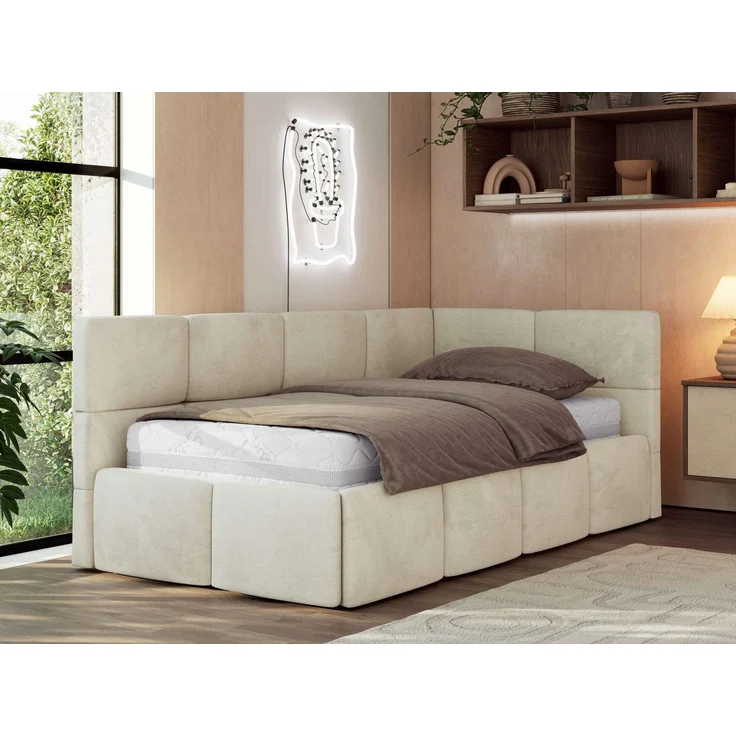 Jugendbett 90x200 ARVO Polsterbett mit Bettkasten, Stauraum & Gasdruckfeder, Modernes Design mit Kopfteil, Foam Matratze - Beige Velvet - MIRO LUX - Rechts Seite – Bild 1