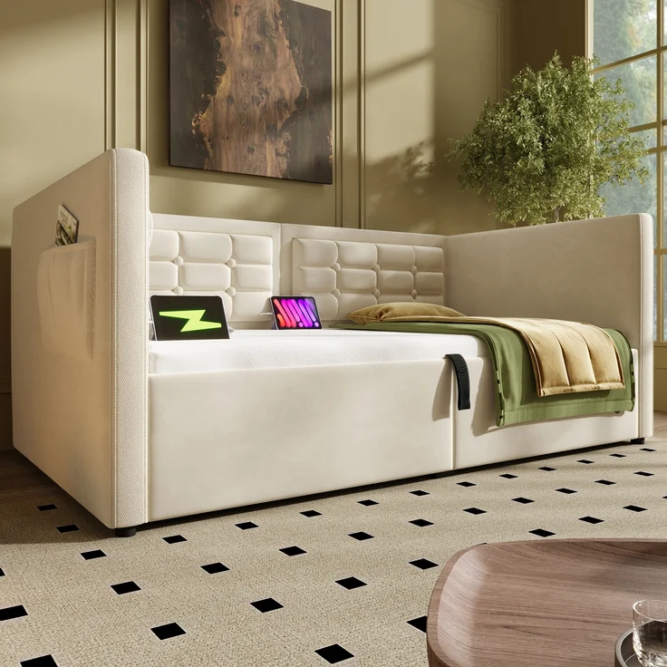 Polstertes Schlafsofa, Samt mit USB-Ladestation, 90x200 cm, Beige, ohne Matratze – Bild 2