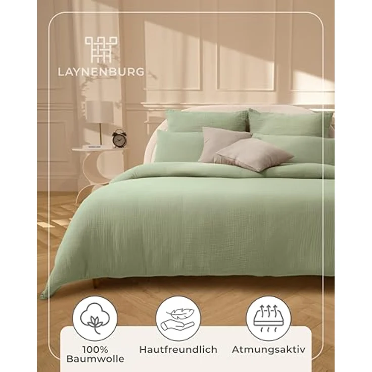 Laynenburg Bettwäsche Musselin aus 100% Baumwolle in 135x200 oder 155x220 cm, atmungsaktiv & bügelfrei – 3 lagig mit Reißverschluss & Haltebändern – Bild 5