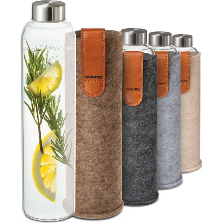 Cosumy Trinkflasche Trinkflasche aus Glas mit Filztasche 750ml - Spülmaschinenfest, Sandbraun - BPA-freie Wasserflasche - für Kohlensäure geeignet – Bild 1