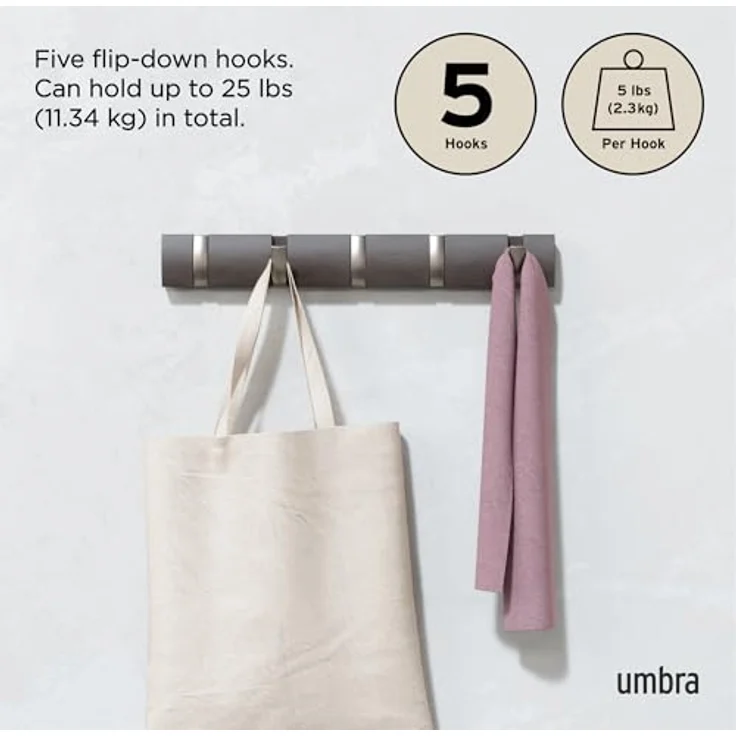 Umbra FLIP 5 Wandhaken, Kleiderhaken, Gaderobe, Gaderobenhaken, Wandgaderobe, Wohnen, Wohnaccessoire, Pappel, Driftwood/Nickel, 318850-1143 – Bild 6