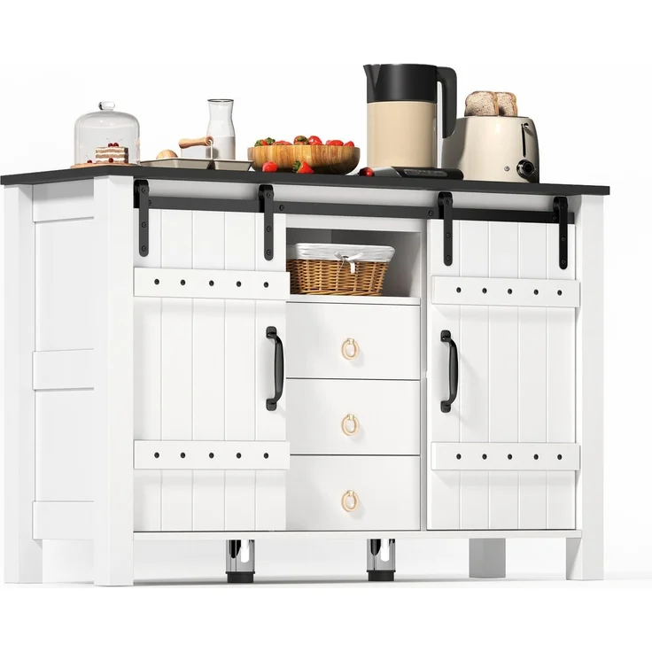 SeedWave Buffet Retro Küchenschrank 120cm Sideboard mit 2 Schiebetüren, Schubladen Anrichte inkl. 2 höhenverstellbare Metallfüße, Kippschutz-Set – Bild 5