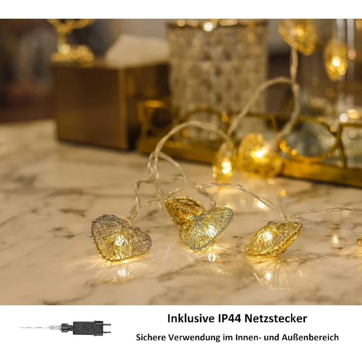 COZY HOME LED-Lichterkette Herz Lichterkette Batterie und Stecker -, 20 LEDs I 5 Meter I Timer-Funktion I Warmweiß I Lichterkette Innen – Bild 3