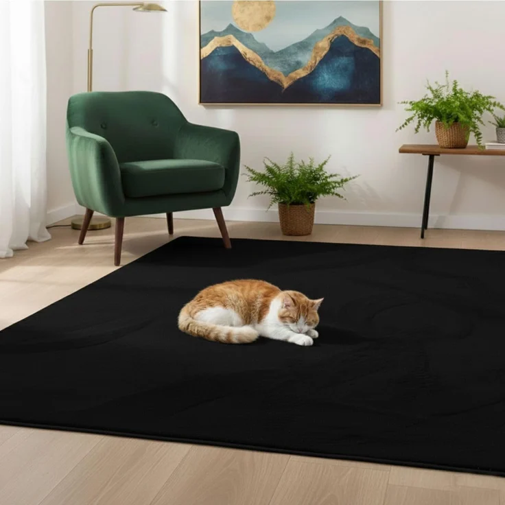 VIMODA Teppich Wohnzimmer Schlafzimmer Flauschig, kurzflorig – waschbar und Fußbodenheizung geeignet,Farbe:Schwarz;Maße:200x280 cm