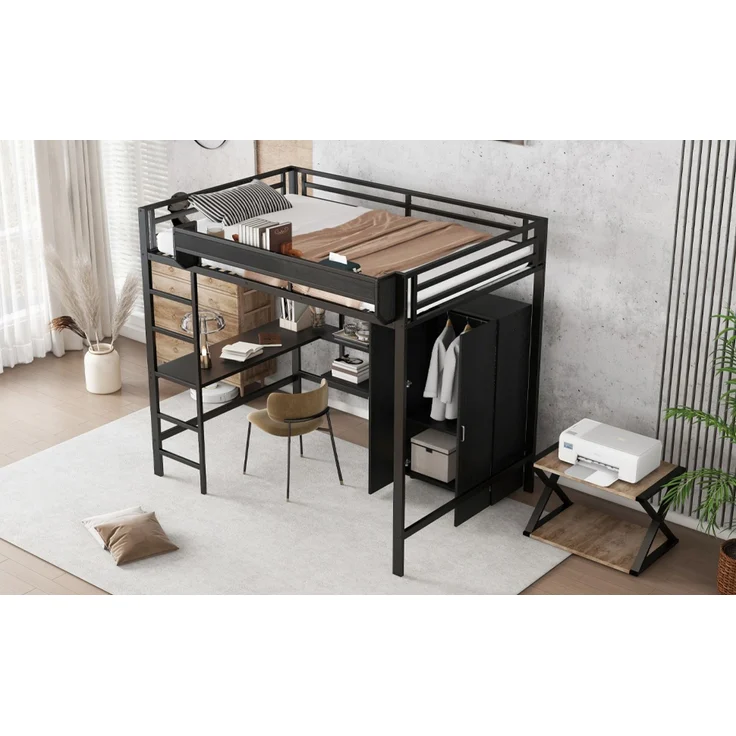 Merax Hochbett, 140x200cm Kinderbett, Doppelstöckiger Stauraum unter dem Schreibtisch, Oberes Bett mit Stauraum, Mit Kleiderschrank, Schwarz – Bild 8