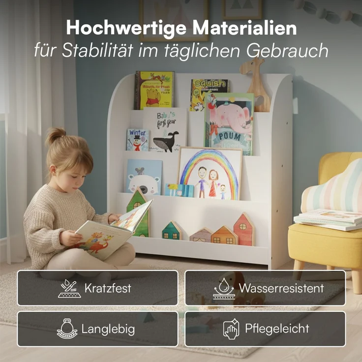Bellabino 'Baru' Kinderbücherregal, weiß, Holz, 88x30x80 cm, Montessori Kinderregal mit 4 Ablagefächern – Bild 5