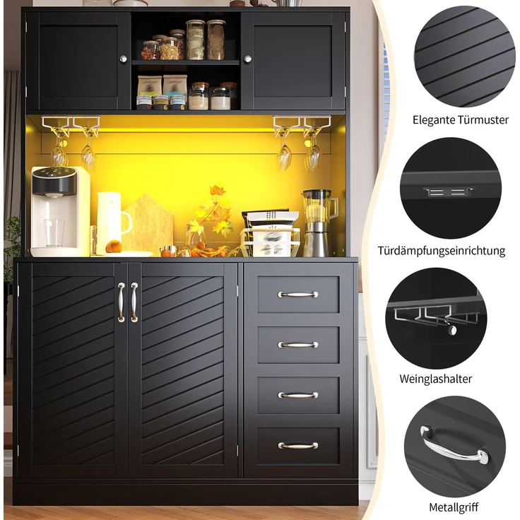 Seitenboard / Aufbewahrungsschrank / Küchenschrank / Buffetschrank, 120 x 40 x 188 cm, mit LED-Beleuchtung, Snackregal & Getränkehaltern, 4 Türen & 2 große Schubladen, Grün/Schwarz/Weiß – Bild 8