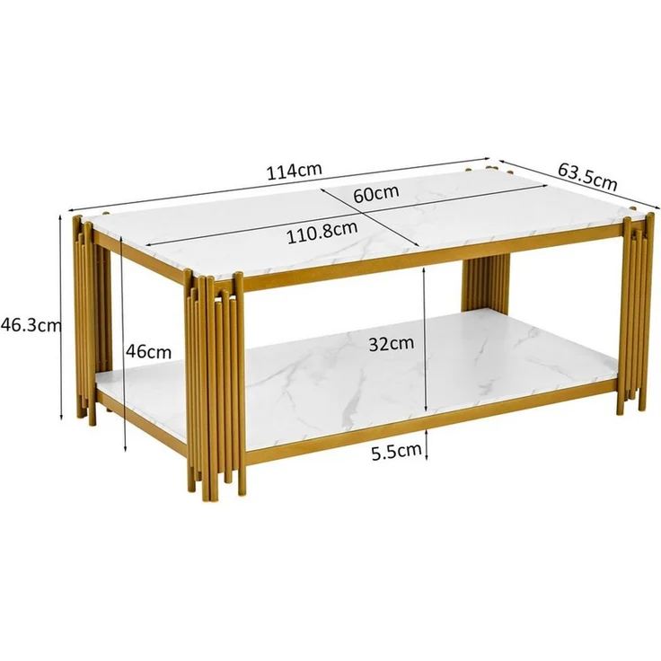 Fine Life Pro Couchtisch Rechteckiger Couchtisch, Marmoroptik-Platte, Metallbeine, weiß-gold, H46xB114xT64 cm, modernes Wohnzimmermöbel, elegantes Design – Bild 2