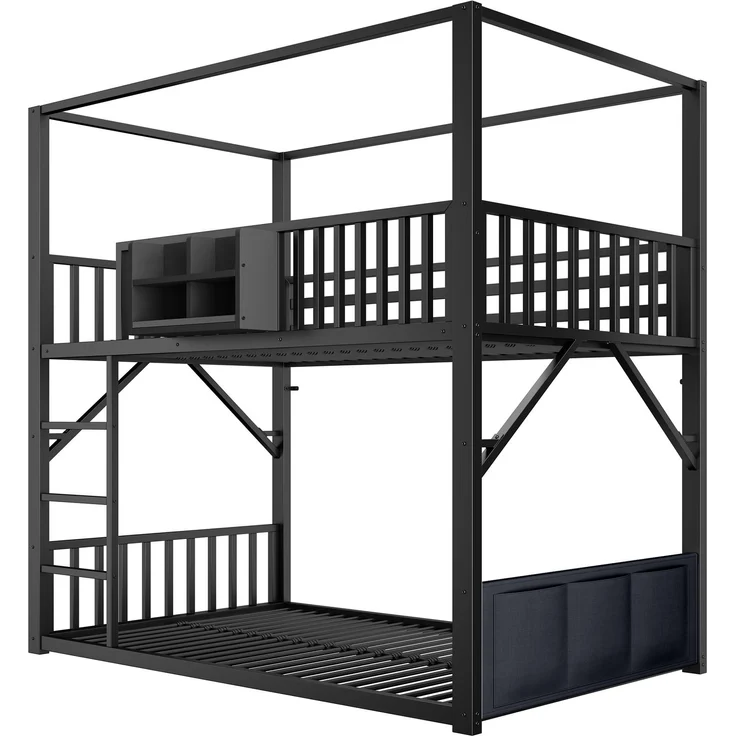 Metall-Etagenbett 90 x 200 cm für Kinder und Jugendliche, platzsparendes Einzelbettgestell mit Dachkonstruktion, Modernes Kinderetagenbett Schwarz – Bild 8