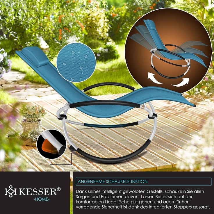 KESSER® Relaxliege Liegestuhl | Gartenliege | Gartenstuhl | Klappstuhl faltbar | Schwungliege | Schaukelsessel | ergonomische Relaxsessel | wetterfest | 180 kg Belastung | 174 x 78 x 89 cm Petrol Blau – Bild 4