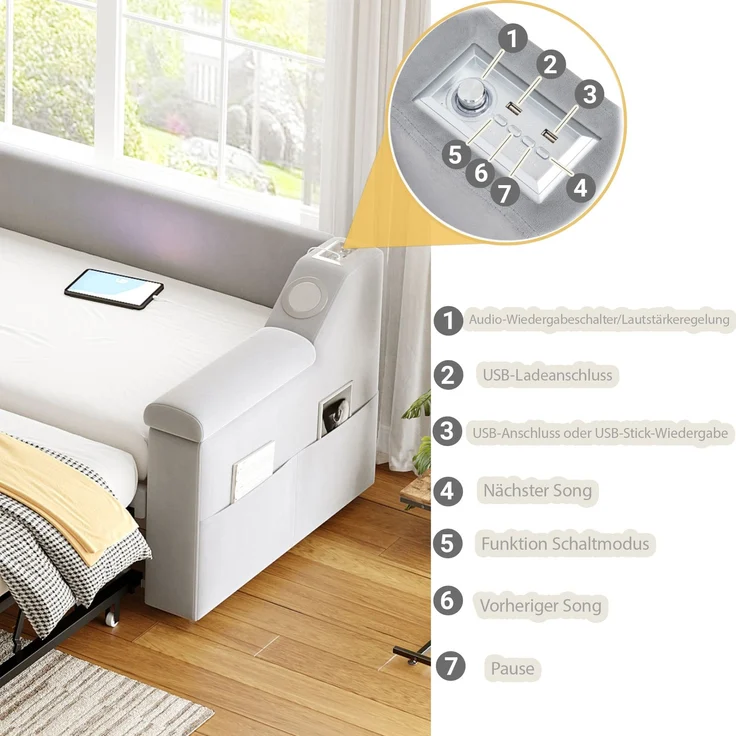 Ausziehbett 90/180×190 cm aus Samt mit Bluetooth-Sound und USB – multifunktionales Schlafsofa mit Stauraum – Bild 5