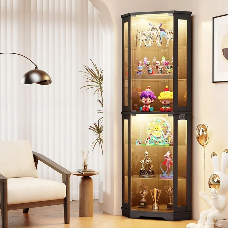 Eckvitrine 65x45x180 cm, 6-stöckige Glasvitrine mit LED-Beleuchtung, Glastüren und Bewegungssensor, Schwarz – Bild 2