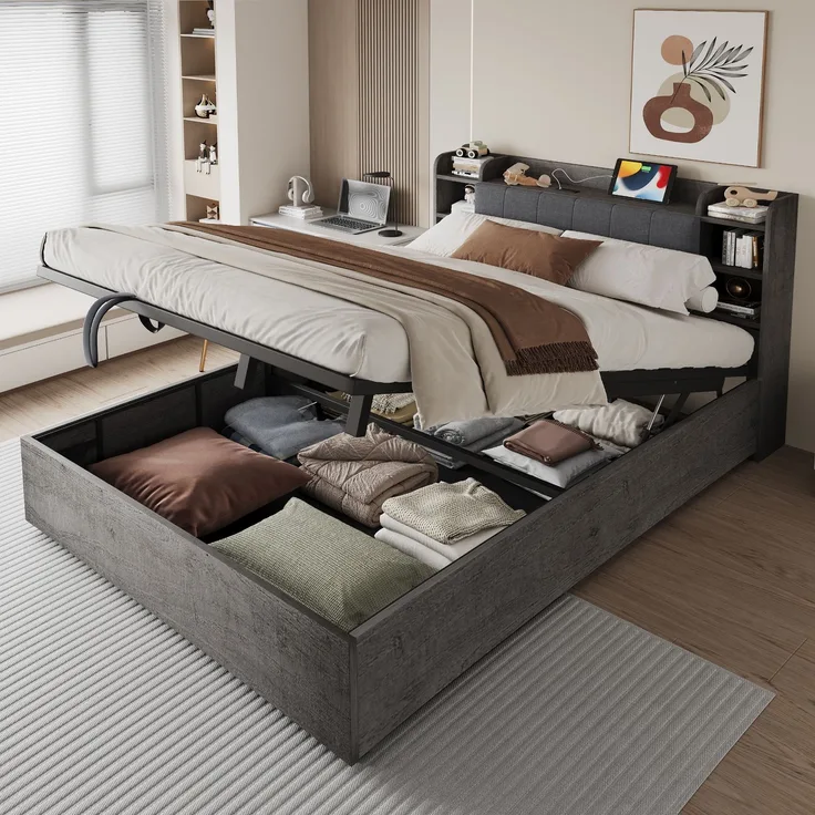 Merax Doppelbett, 180 x 200 cm, Holzbett, Hydraulisches Bett, Kopfteil mit Stauraum, Ausgestattet mit USB-Anschluss und Tape-C-Steckdose, (ohne Matratze) Grau
