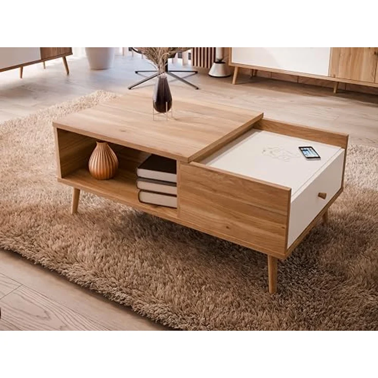 Forte HARLLSON, einfache Montage Dank EasyKlix by Couchtisch Holzdekor: Mauvella Eiche mit Weiß, Wohnzimmertisch mit Schublade, Modern Mid Century Stil, 106 cm breit x 45 cm hoch x 60 cm tief – Bild 2
