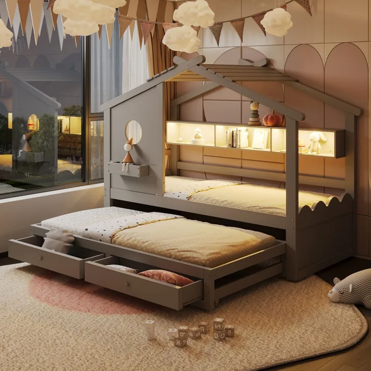 Merax Kinderbett, Jugendbett, 90x200cm, mit Ausziehbett 90x190cm, mit 2 Schubladen, mit USB- und Typ-C-Ladeanschlüssen und LED, mit Einlegeböden, Grau