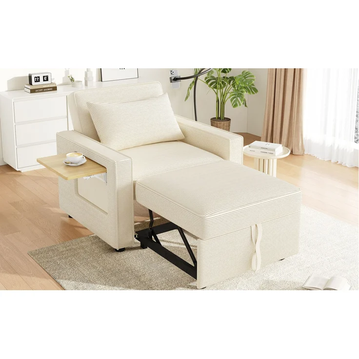 Multifunktionales faltbares Schlafsofa mit USB-Ladeanschluss und Handyhalter, 1-Sitzer Relaxsessel Sofa Bett umwandelbar, platzsparend für Wohnzimmer und Schlafzimmer, Cord Stoff, Beige – Bild 22