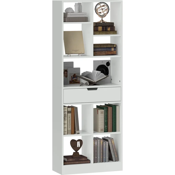 HOMCOM Bücherregal Standregal mit 9 Fach Aufbewahrungsregal mit Schublade Bücherschrank Büroregal für Wohnzimmer, Schlafzimmer, Büro, Weiß