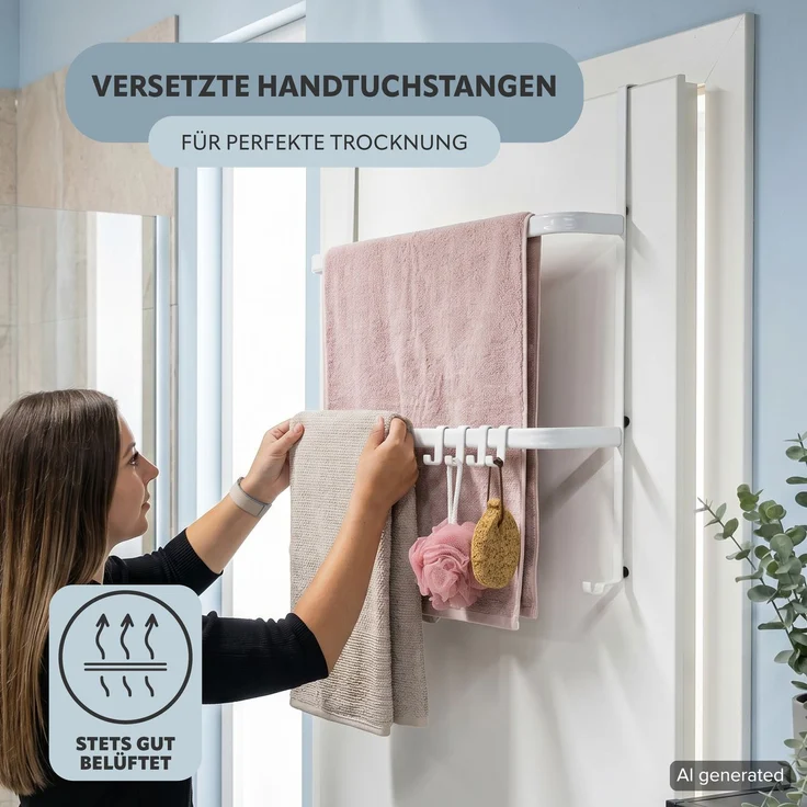 bremermann Tür-Hängeregal mit 2 Handtuchstangen und 4 Haken, aus Metall, weiß – Bild 3