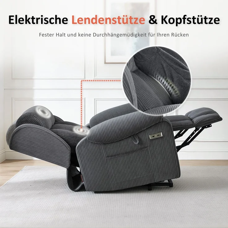 M MCombo 4-Motoren-Fernsehsessel mit Aufstehhilfe Elektrisch, Elektrische Lenden- & Kopfstütze 165°Zero-Gravity Sessel mit Aufstehhilfe, Massage & Heizung 7558 (Stoff, Dunkelgrau) – Bild 4