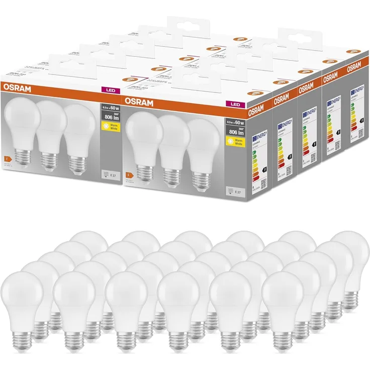 OSRAM BASE CLASSIC A 60 FR LED-Lampe mit Sockel E27, Kolbenform, 3er Pack, 8,5W, 806lm, 2700K, warmweißes Licht, geringere Wärmeentwicklung, sehr geringer Energieverbrauch, lange Lebensdauer,30-Pack