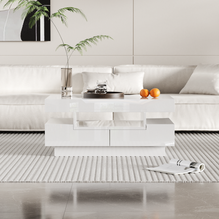 Couchtisch mit LED Beleuchtung Weiß Hochglanz Wohnzimmer Tisch mit Schubladen und offenen Fächern – Bild 6