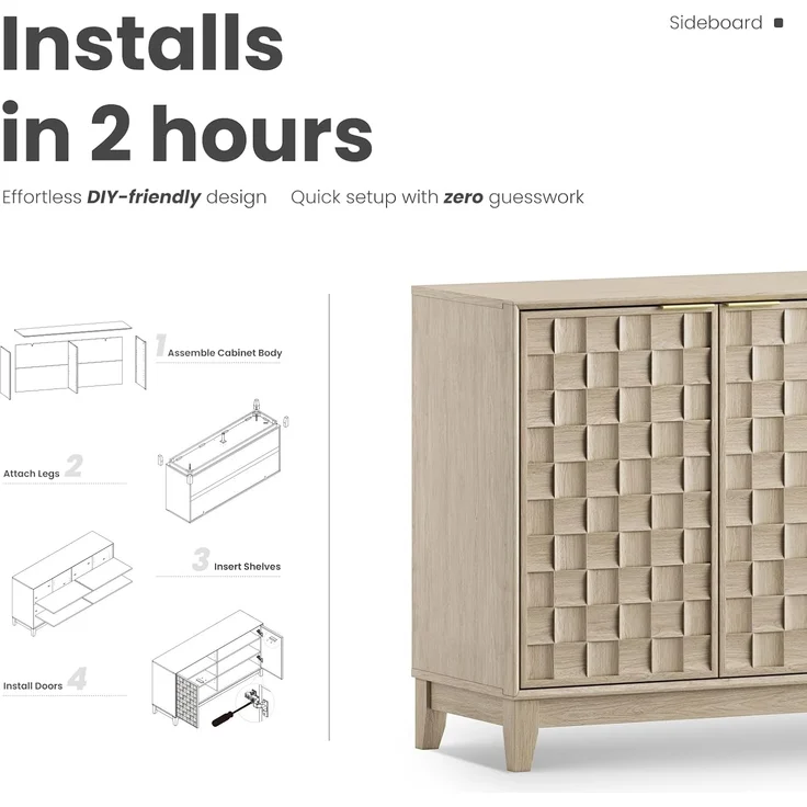 COLAMY Sideboard mit Riffel-Optik und Stauraum – Massivholz Anrichte für das Esszimmer, Schrank-Konsole mit verstellbaren Regalböden, Walnuss-Optik, Mid-Century-Moderne Stil, Eiche Weiß – Bild 9