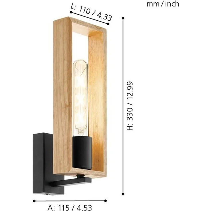 EGLO Wandleuchte LITTLETON Wandlampe,Vintage, Stahl und Holz, IP20, Wohnzimmerlampe, ohne Leuchtmittel, Wandleuchte, Flur, L11 x H33 x AL11,5 cm, schwarz, braun, 1X40W exkl. – Bild 4