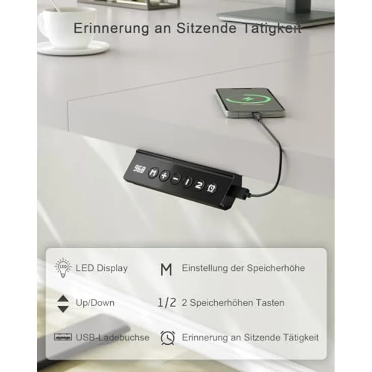 JUMMICO Höhenverstellbarer Schreibtisch 180x80 cm, USB-A-Anschluss | Schreibtisch Höhenverstellbar Elektrisch, Erinnerung bei langem Sitzen Stehschreibtisch, Computertisch Grau und Schwarz – Bild 5