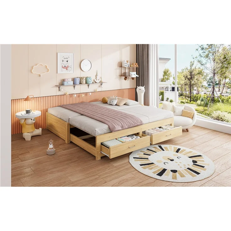 ZUBALIYA Tagesbett 90/180 × 190 cm, Holz, Ausziehbett, Schubladen, Lattenrost, Naturholz – Bild 8