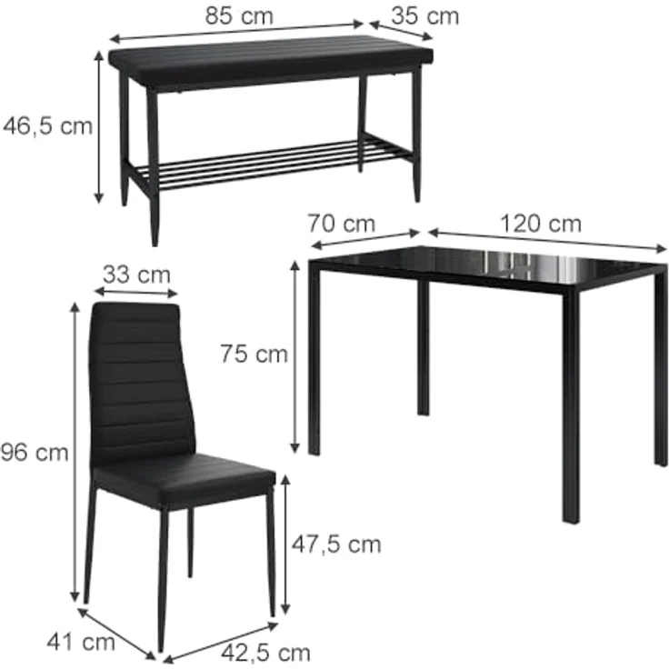Vicco Esstisch-Set Grand, Schwarz, Rechteckiger Tisch 120x75x70 cm aus Glas und Metall mit Kunstlederbänken und Stühlen – Bild 3