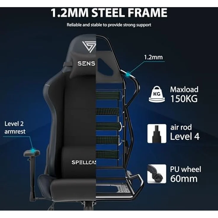 SENSE7 Spellcaster FUKU Gaming Stuhl - Alcantara - Ultimativer Komfort, 160° Neigung, Verstellbare Armlehnen, Atmungsaktiver HR-Schaum - Für Büro oder Gaming, Elegantes Design – Bild 7