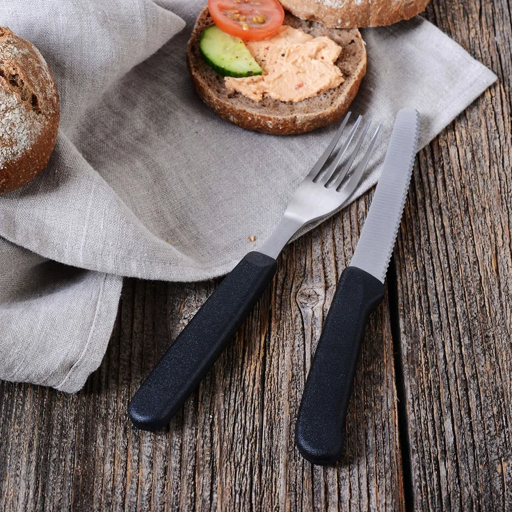 GRÄWE Tafelmesser 6 Stück, Messerset zum Schneiden, 6er Pack Brötchenmesser, Frühstücksmesser mit einseitigem Wellenschliff, Brotzeitmesser, scharfe Messer für Brotzeit, 21 cm - Schwarz – Bild 5