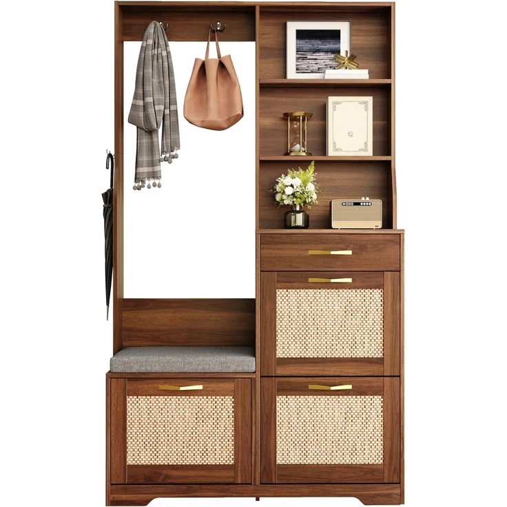 Garderobenschrank Flurgarderobe mit Sitzbank Schuhschrank Rattan Front Kleiderhaken Schubladen Stauraumschrank Eingangsbereich--Nussbaum--100x30x170cm--YOUDENOVA – Bild 1