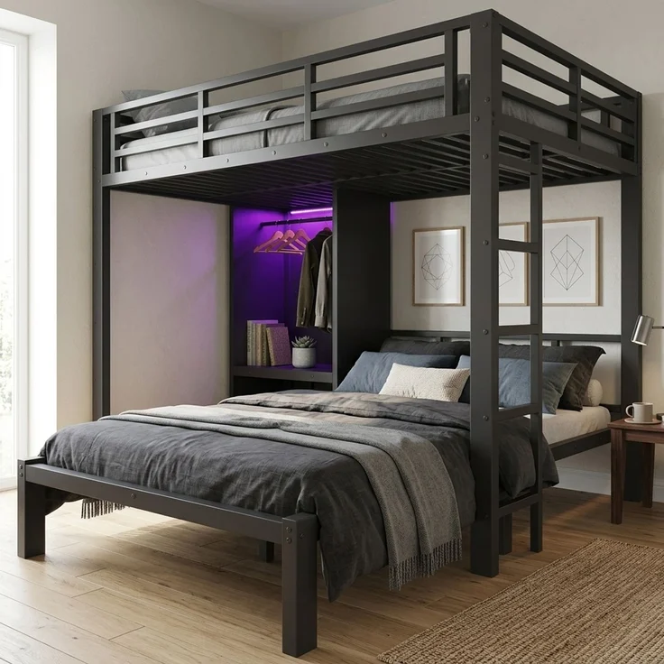 EINHOM Metallbett 120 x 200 cm, Doppelstockbett in Schwarz, Etagenbett mit 2 Liegeflächen, Gerader Leiter, Integriertem Kleiderschrank und LED-Beleuchtung (Ohne Matratze) – Bild 3