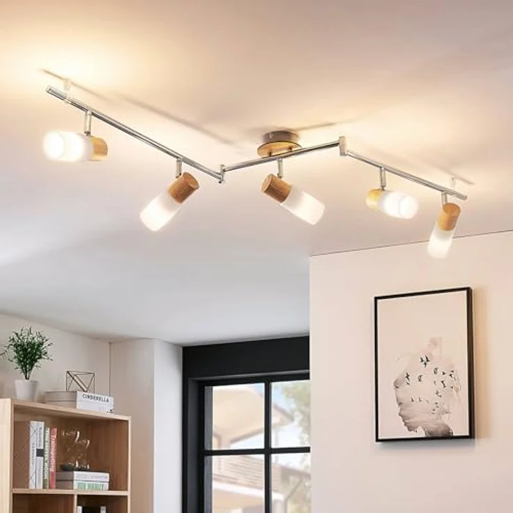 Lindby Deckenlampe, Deckenstrahler aus Glas und Holz, schwenkbar und drehbar, 5x E14 max. 5W, skandinavisches Design, weiß, für große Räume – Bild 3
