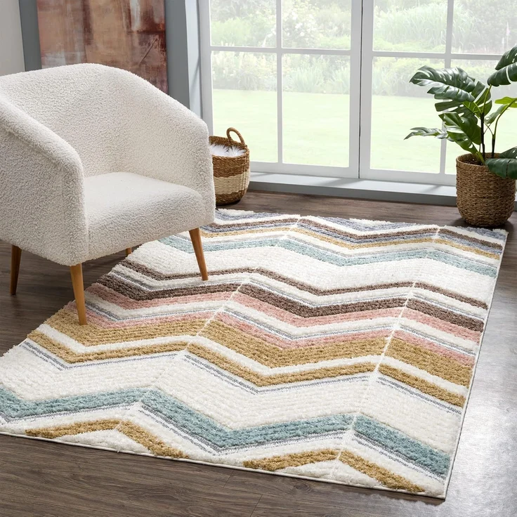 Teppich Wohnzimmer Hochflor - 80x150cm - Pastellfarben - Geometrisch Zick Zack - Muster - Boho - Skandinavisch Flauschig Weich - Schlafzimmer – Bild 7