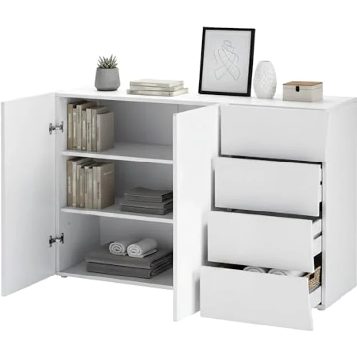 Dmora Modernes Sideboard, Design-Sideboard mit 2 Türen und 4 Schubladen, Made in Italy, TV-Ständer, Wohnzimmerbuffet, 124x40h82 cm, glänzend weiße Farbe – Bild 3