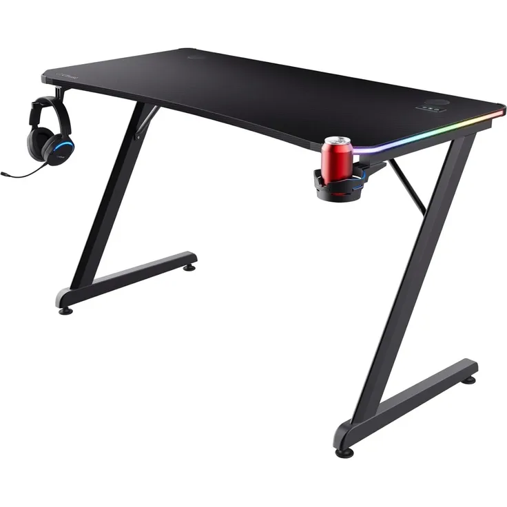 Trust Gaming GXT 709 Luminus RGB Gaming Tisch mit LED Beleuchtung, 10 Modi, USB-Betrieb, Gaming Schreibtisch mit Headset und Getränkehalter, Computertisch 120x60 für Büro, Gamer - Schwarz