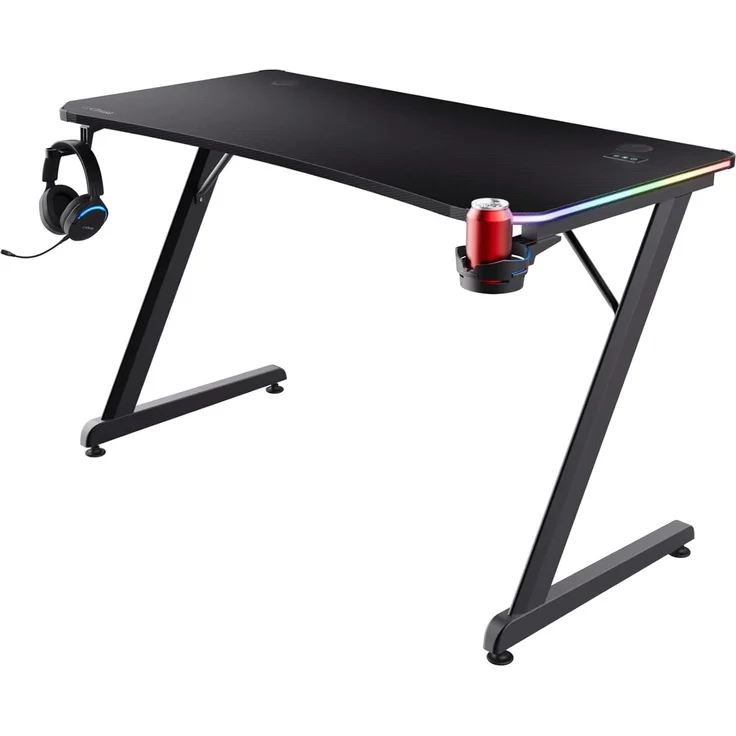 Trust Gaming GXT 709 Luminus RGB Gaming Tisch mit LED Beleuchtung, 10 Modi, USB-Betrieb, Gaming Schreibtisch mit Headset und Getränkehalter, Computertisch 120x60 für Büro, Gamer - Schwarz